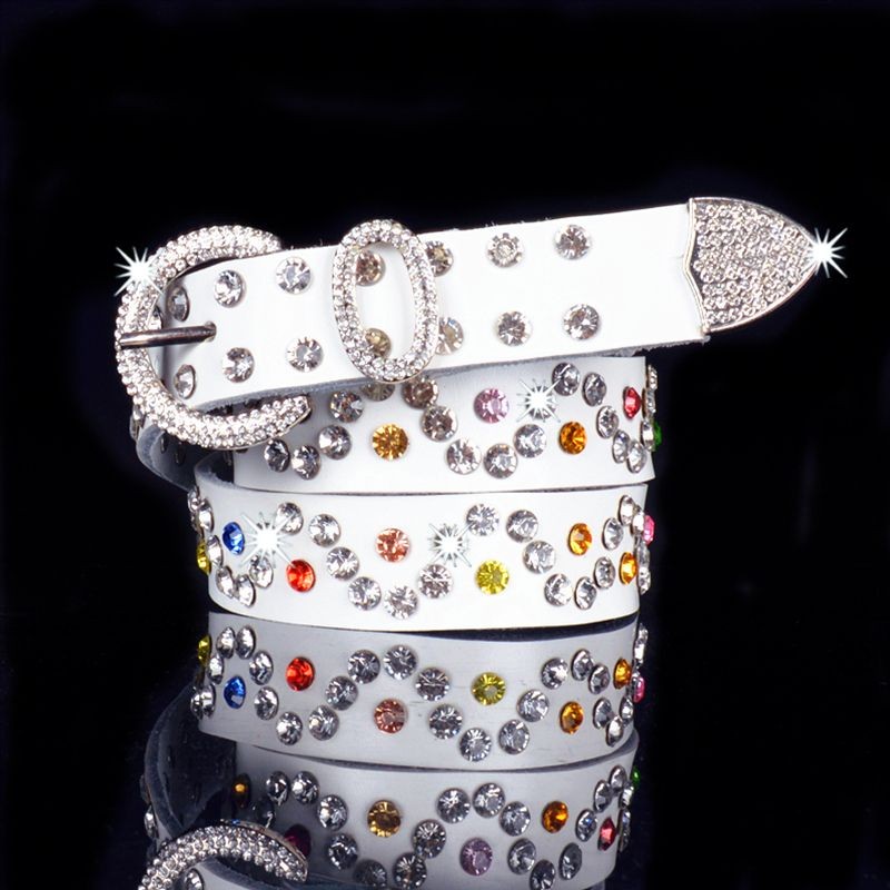 Sabuk Kulit Asli Berlian Warna-Warni Wanita Sabuk Fashion Lebar Dihiasi Berlian