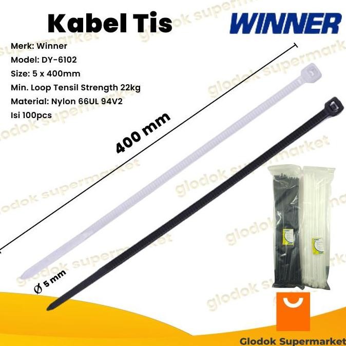 

Diskon! Kabel Ties Winner DY6102 5x400mm Nylon Cable Tie Kuat 100pcs Hitam/Putih