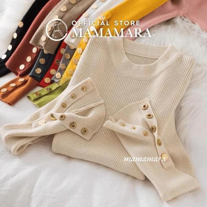 Grosir Mamamara - Inara Knitwear Inner Rajut Wol Lengan Button Gold Santai Atasan Baju Panjang Wanit