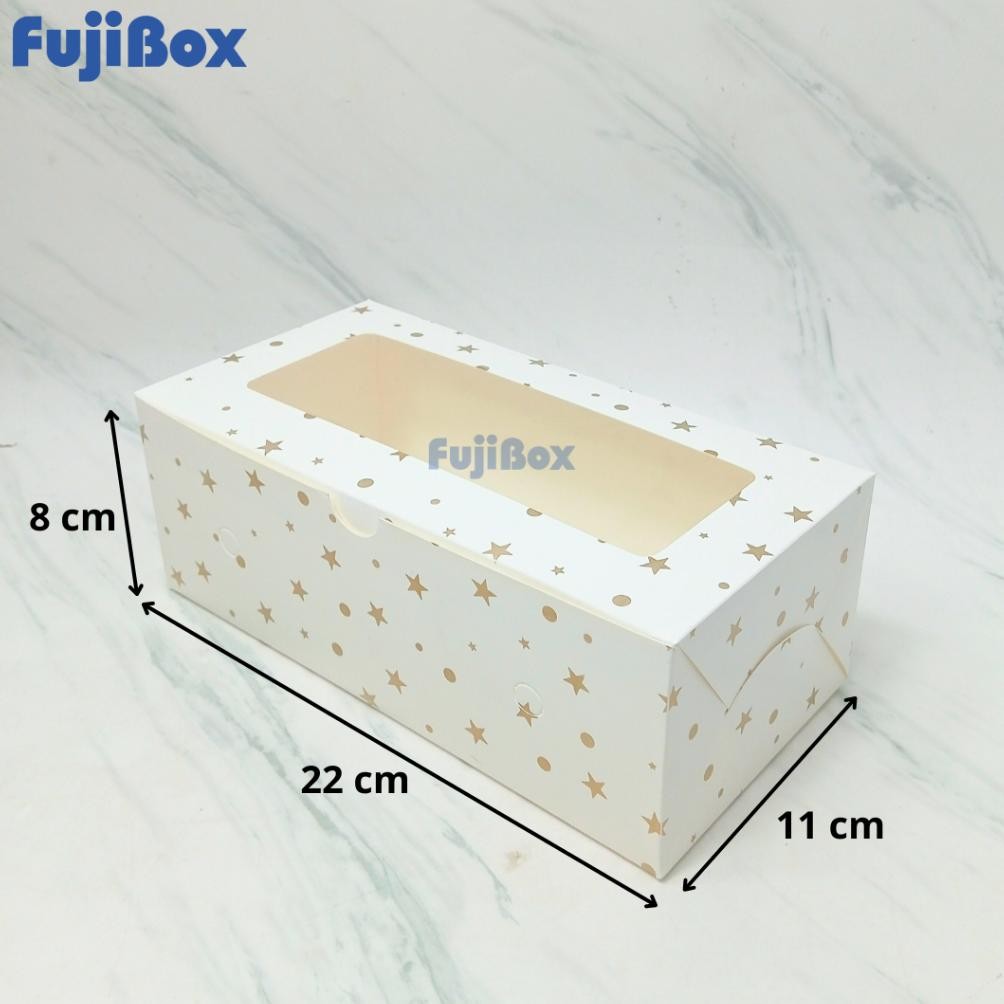 

(10 Pcs) Fuji Box Dus Kotak Kue Ivory Motif Polkadot Bintang Emas 11 cm x 22 cm x 8 cm Putih Ivory Premium Jendela aSt
