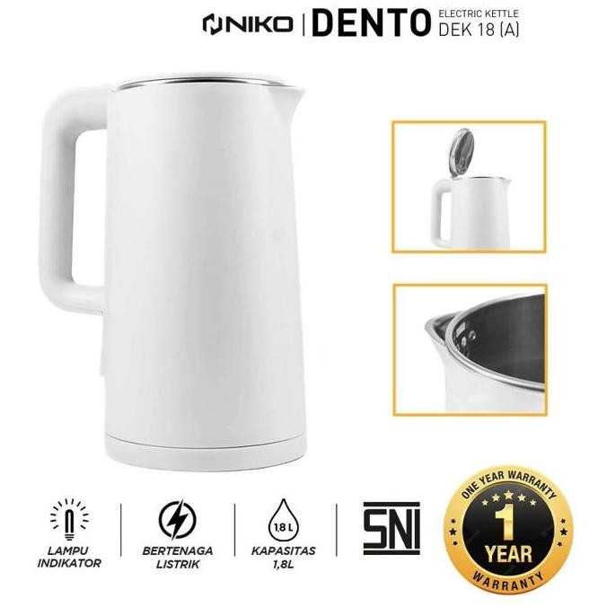 TEKO LISTRIK NIKO DEK 18 DENTO 1,8 LITER LOW WATT WHITE BLACK KETTLE OTOMATIS HITAM PUTIH LAMPU INDI