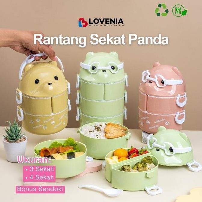 Lovenia Rantang Panda Sekat Susun 4 Bonus Sendok Makan Plastik / Tempat Bekal Anak Karakter Sekat 4