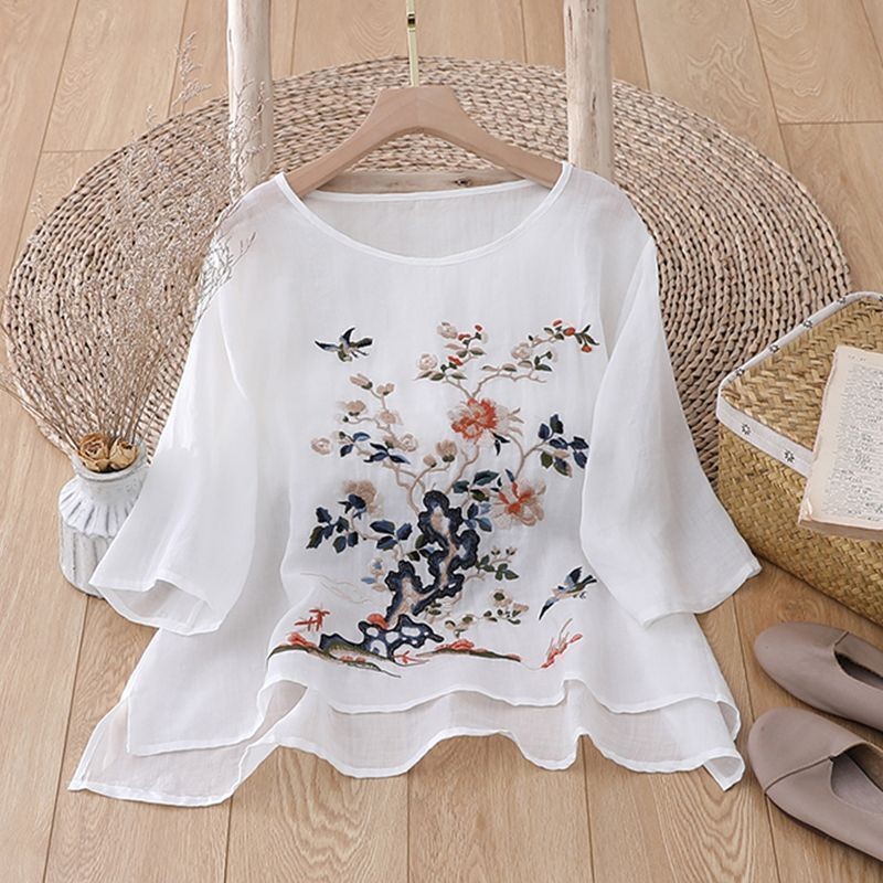 Lengan Lima Perempat Katun Linen Bordir Vintage Wanita Berkualitas Tinggi Blus Katun Linen Ukuran Be