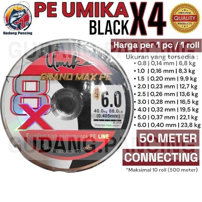 UMIKA Benang Pancing PE Line X4 Hitam Black Panjang 50 meter Connecting Sampai 500 meter