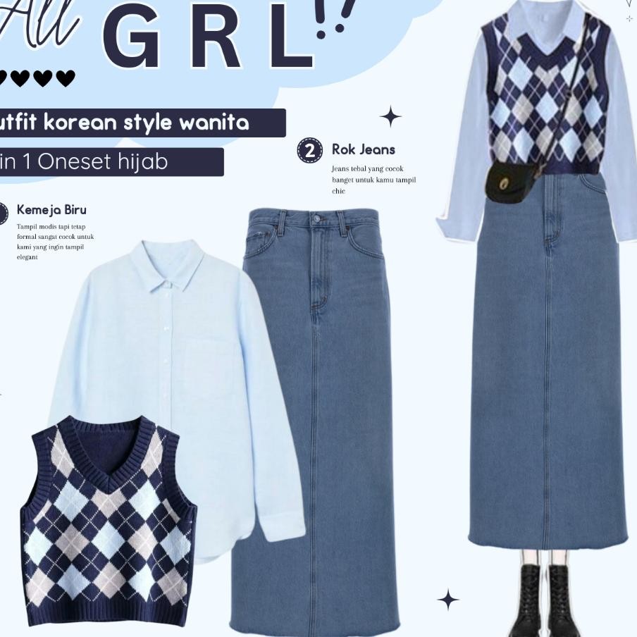 Outfit Korean Style Rok Dan Vest Vest Rajut Kemeja Rok Jeans 1 Set Outfit Remaja Kekinian As54