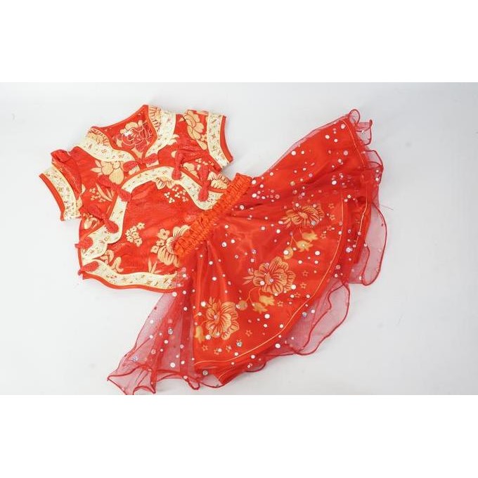 SETELAN BAJU ROK ANAK BAYI CHEONGSAM IMLEK POLKADOT SATIN TILE MERAH