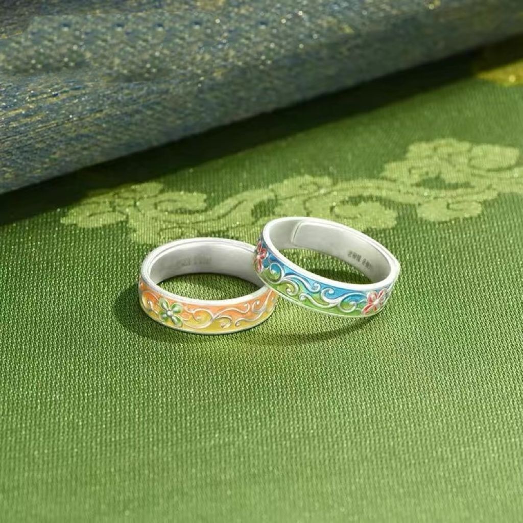 Perak Murni999Cincin Enamel Biru Cincin Terbuka Enamel Kuno Gaya Cina