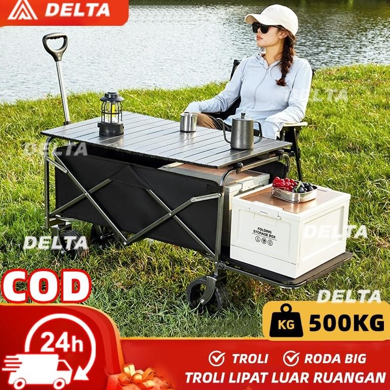 DELTAtroli lipat portable Gerobak Piknik Roda Besar Gerobak Camping Praktis dengan Roda Besar Brake 