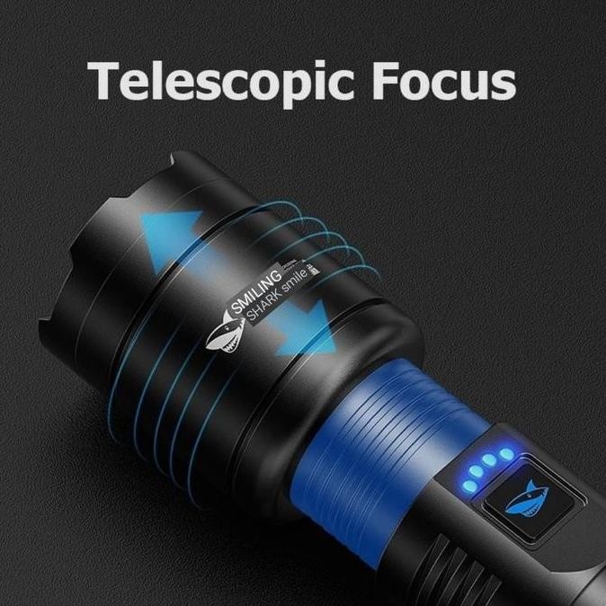 Senter Led Smiling Shark Sd-5220 M80 - Cahaya Super Terang - Bisa Di Zoom - Bisa Jadi Powerbank - Fr