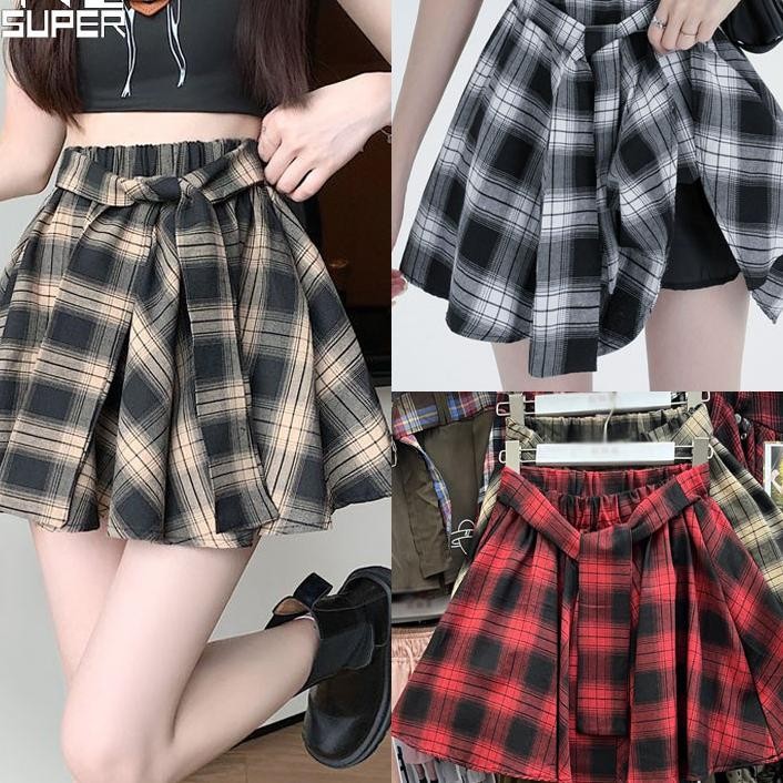 S2Xl Rok Pendek Pinggang Tinggi Ala Korea Rok Pendek Kemeja Kotakkotak Rok Pendek Tidak Beraturan Ro