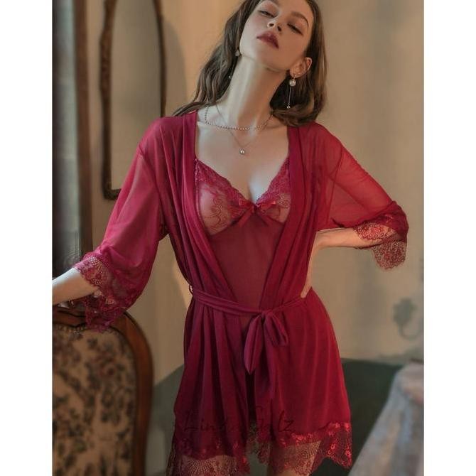 LindaGalz ZURY Pakaian Tidur Wanita 2001 Kimono Lingerie set 4 in 1