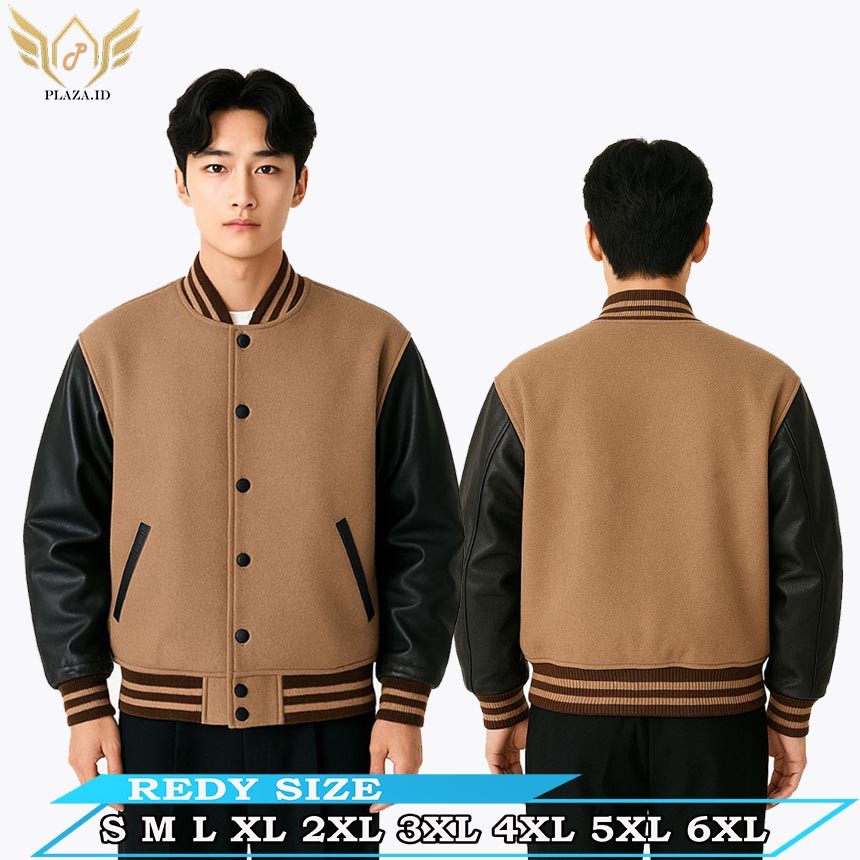 Jaket Baseball Varsity Pria Wanita Oversize Kombinasi Kulit Oscar Mocha Hitam varsity Baseball Jacke