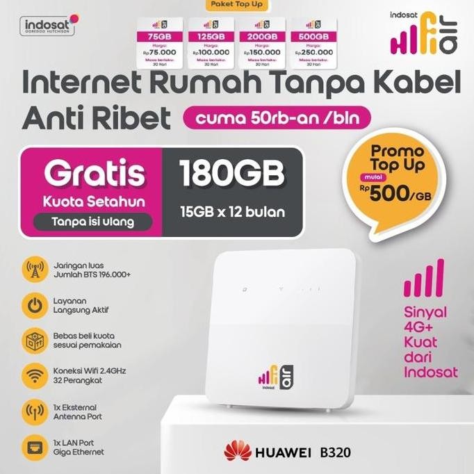 Huawei B320 Hifi Air Indosat Modem Wifi Wireless Router 4G Cpe Lte Free Kuota 180Gb + Antena