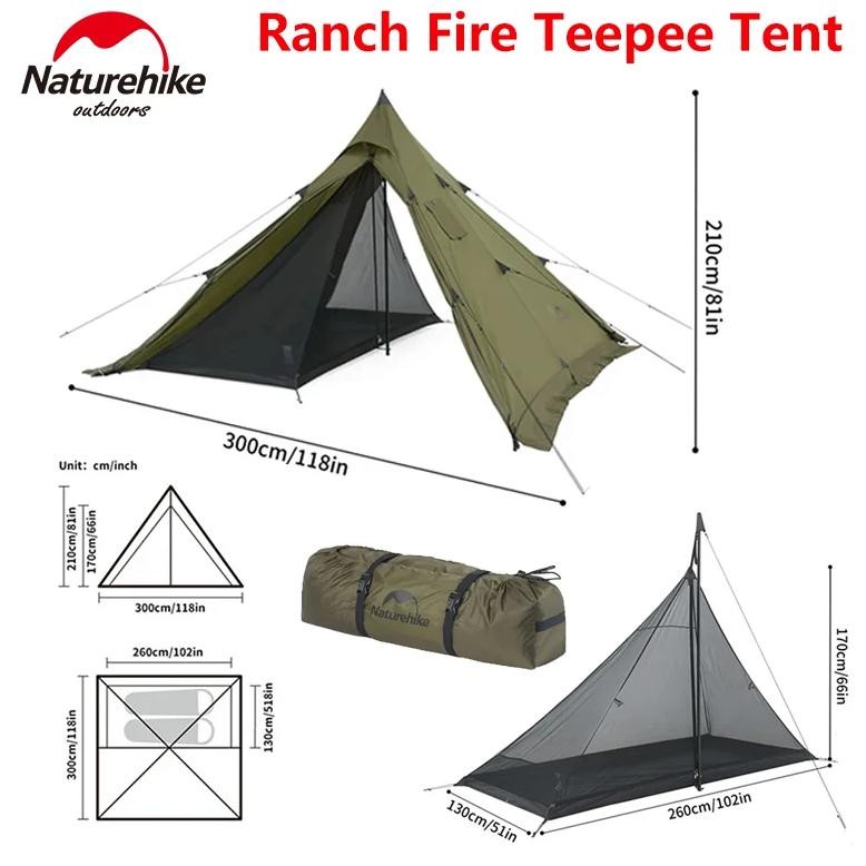 Naturehike Ranch Fire Teepee Hot Tent 4 Season With Chimney Hole For 4 People 210T Rainproof Camping