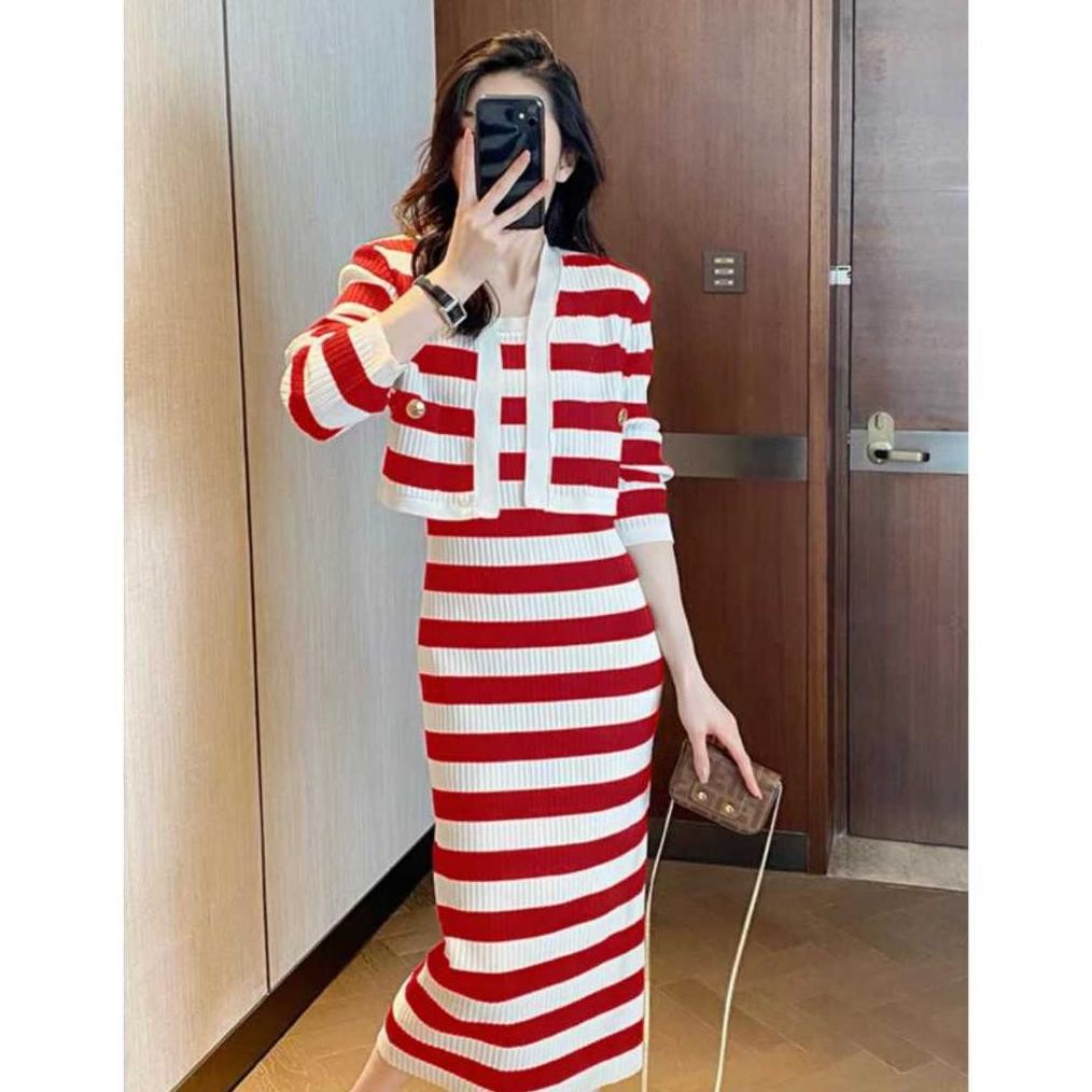 Setelan Long Dress + Cardigan Setelan Wanita Set Rajut Setelan 2IN1 Dress + Free Cardigan Viral Keki