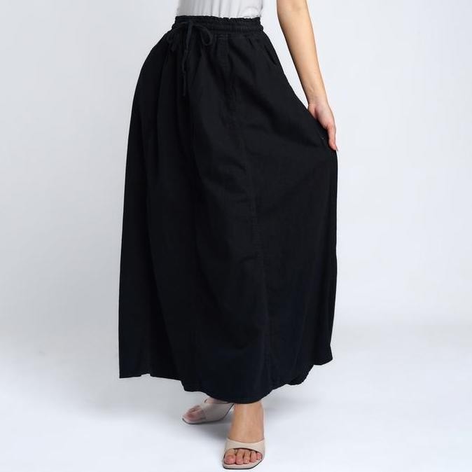 Rok Jeans Wanita Pinggang Karet Fit XXL Bigsize Maxi Denim Garis Vertical Harley 301 Skirt Hitam Pan