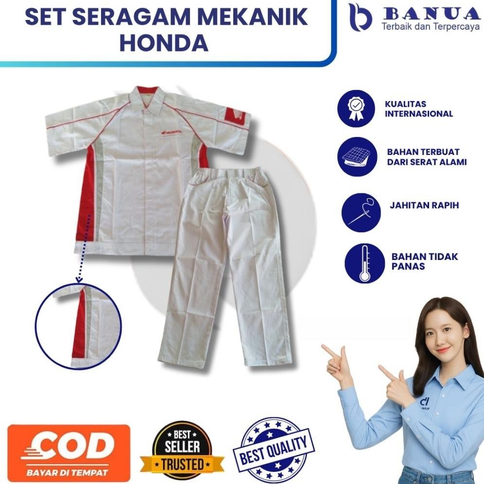 Seragam Mekanik Honda | Baju Celana Mekanik | Baju Mekanik | Celana Mekanik | Seragam Bengkel Putih