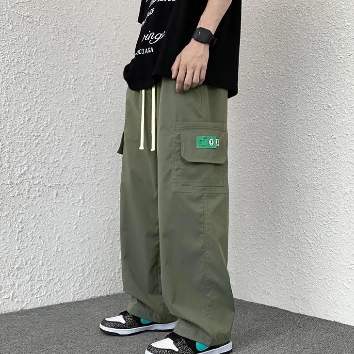 Celana Cargo Panjang Pria Hijau Gombrong Korean Style Bahan Baggy Pants Pinggang Karet Unisex Pants