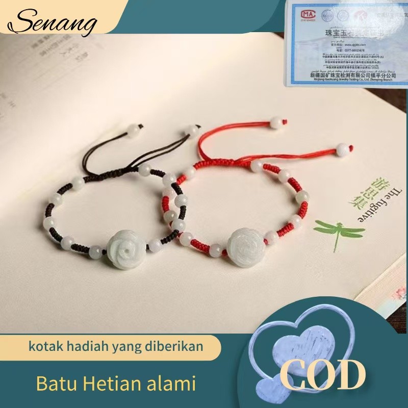 Gelang Giok + Desain Unik dengan Gaya Cina + Bunga Mawar Tali Merah Kepang Tali Hitam Eksklusif + Ha