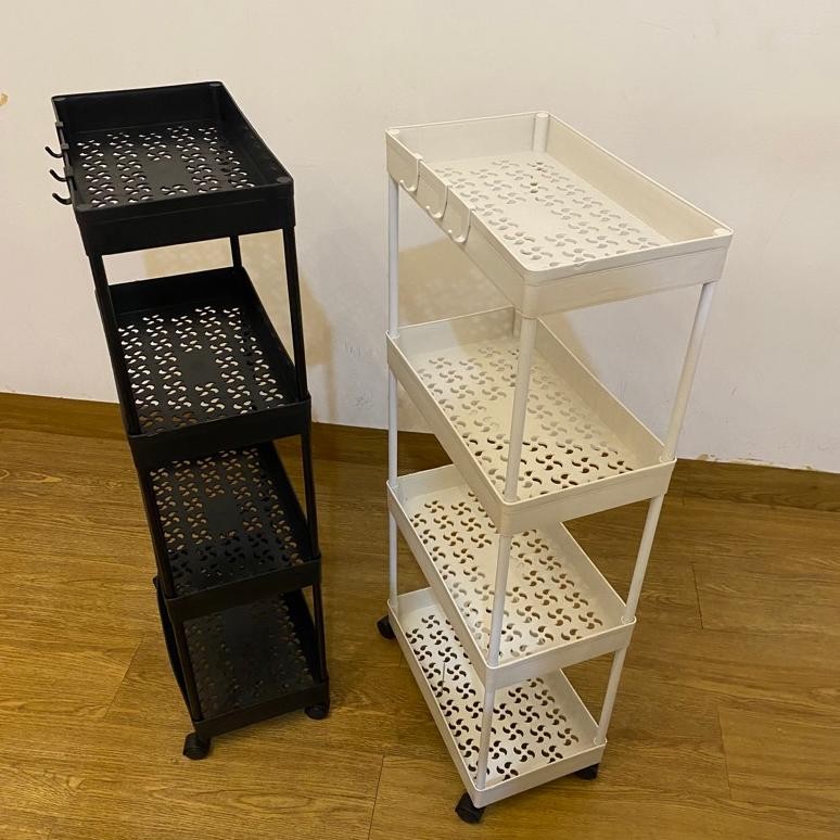 RAK 4 SUSUN SERBAGUNA DENGAN RODA WARNA HITAM DAN PUTIH |BAHANPLASTIK