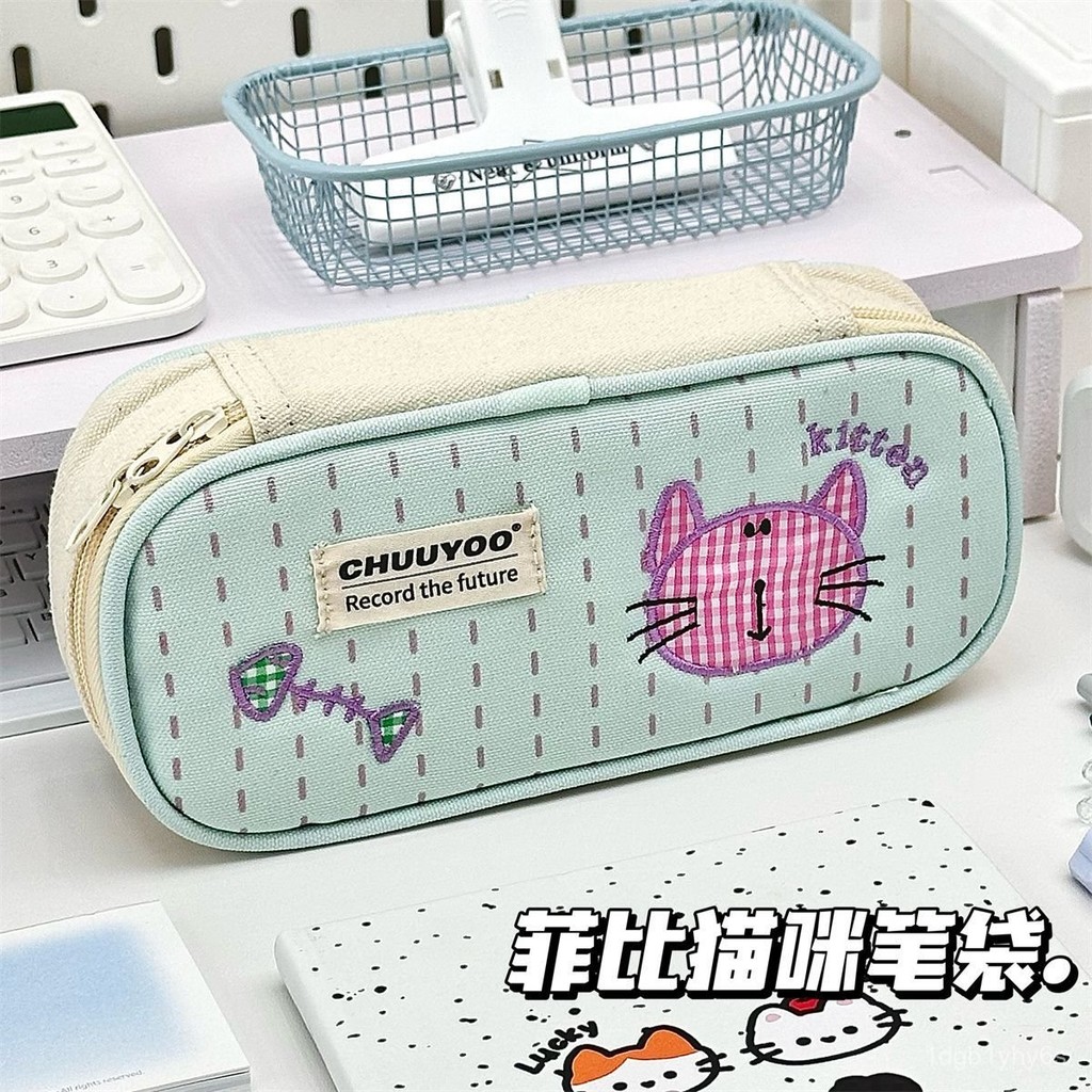 

ins Same Style Cute Blue Phoebe Cat Pencil Case Student High Appearance Large Capacity Embroidered Multi-layer Stationery OTDA