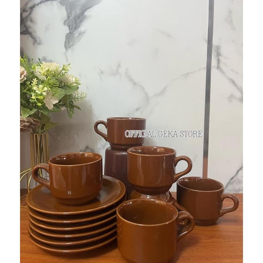 1 Set Gelas Keramik Luy Polos 12 Pcs Set Cangkir Keramik Polos Isi 6 Gelas6Tatakan