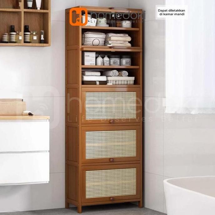 Homedoki - Lemari Buku Minimalis Tertutup Kayu/Lemari Sepatu Bambu/Lemari Penyimpanan Bambu