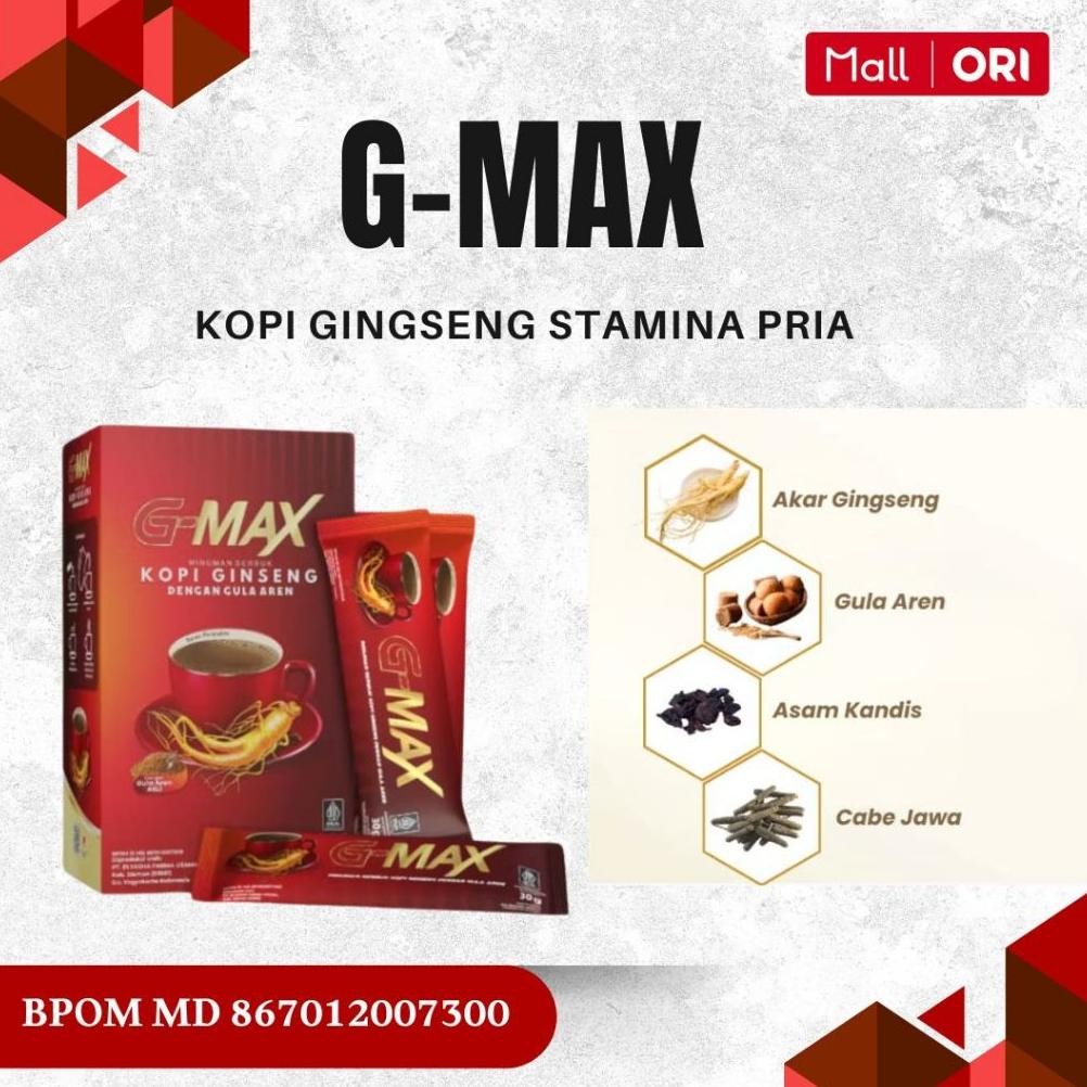 

Ready!! KOPI G-MAX Minuman Kopi kuat tahan lama Gingseng 1 Box isi 10 sachet Original aman sudah BPOM