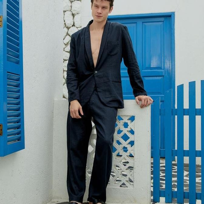 Remedy Outer Linen Set Pria Panjang Warna Biru Navy - Durban Blazer Set