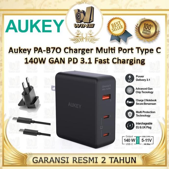 TERLARIS - Aukey PA-B7O Charger Multi Port Type C 140W GAN PD 3.1 Fast Charging Garansi Resmi 2 Tahu