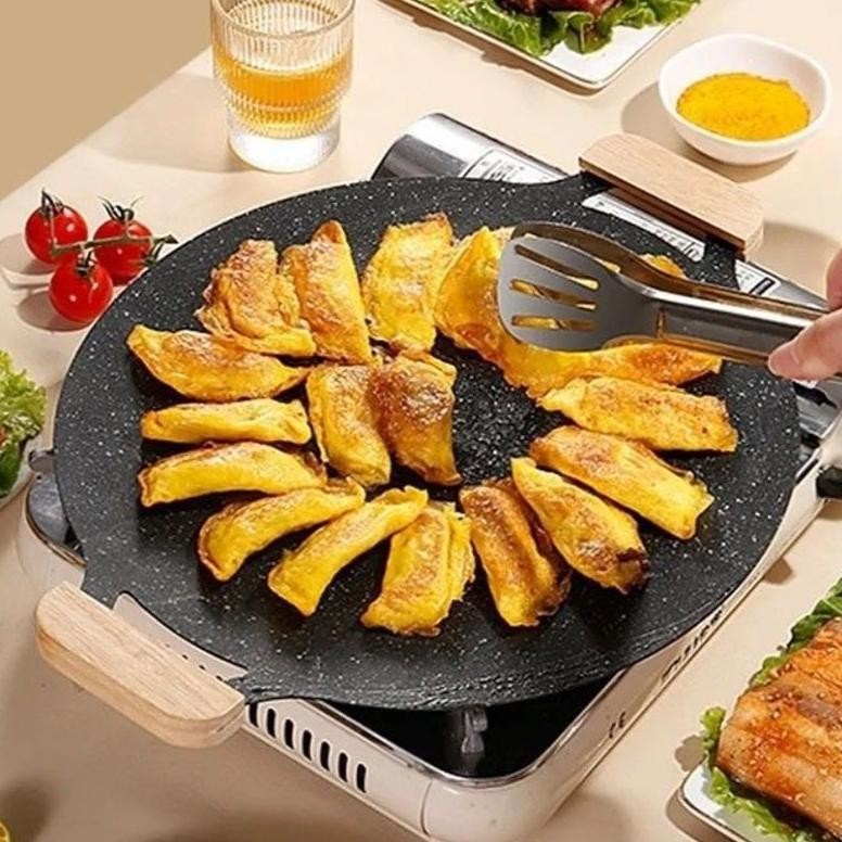 Bisa Cod LittlepolkadotPromotion Wooden Handle Alat Panggangan Bbq Grill Pan Korean Wajan Bulat Anti
