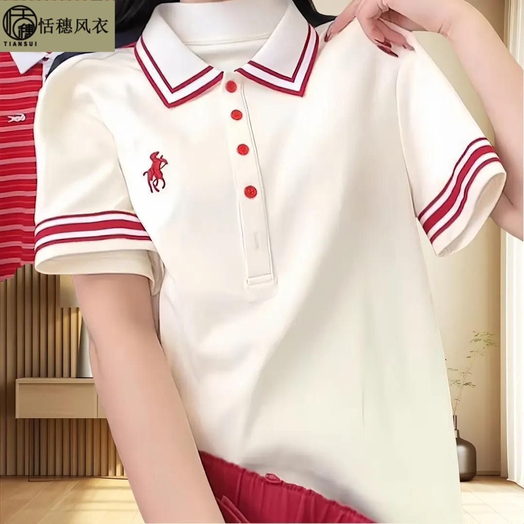 Gaya Baru Kerah Patchwork Bordir Pendek T Baju Wanita KAOS