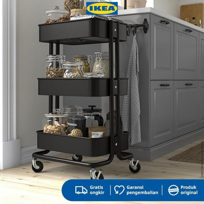 IKEA RASKOG Troli Dapur dengan 3 Rak Serbaguna Hitam 35x45x78 cm