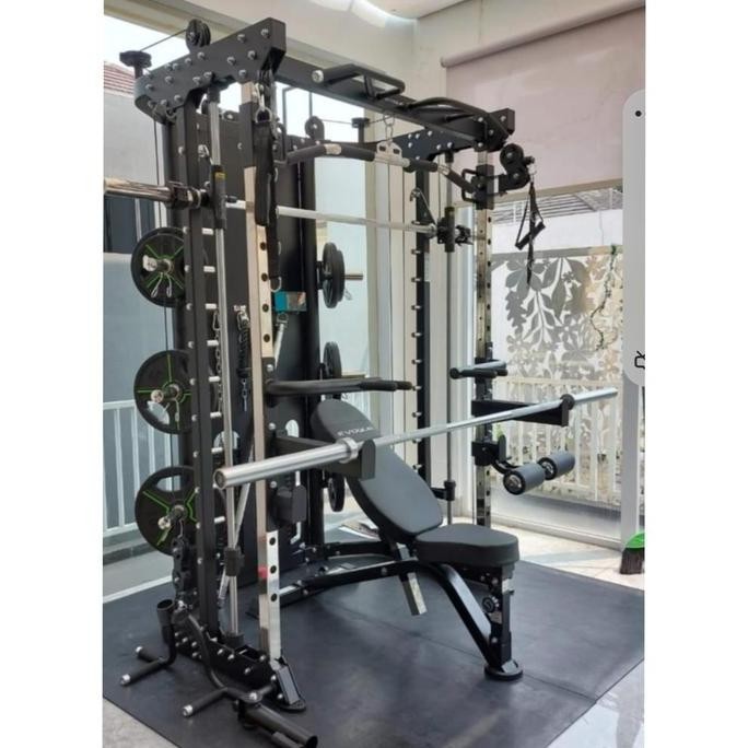 Smith Machine Multi Fungsi termasuk Leg Press, Adj. Bench, Plate & Bar