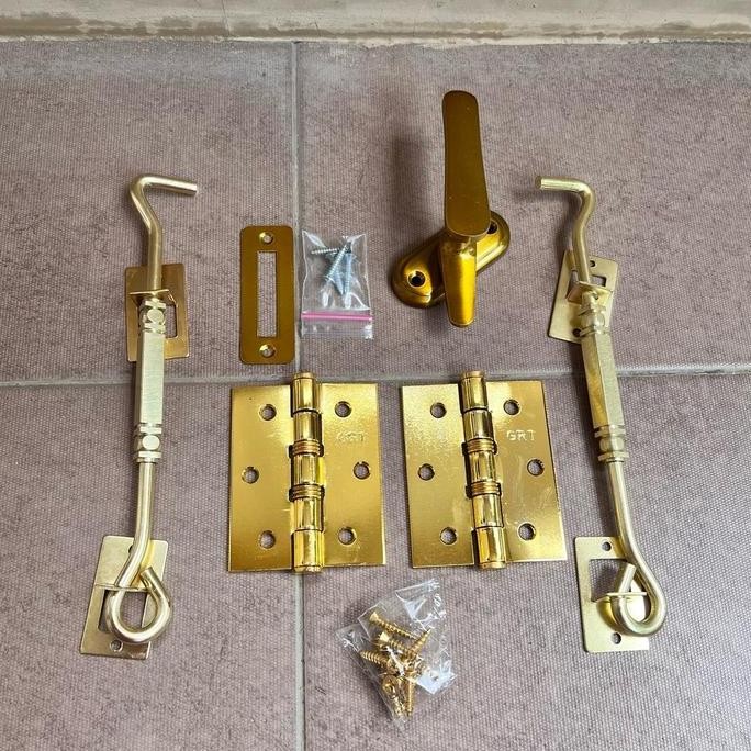 Paket Rambuncis Grendel Kunci Jendela Kayu 1 Set + Hak Angin Gold Cantolan Lamskar Penahan Jendela +