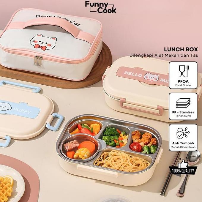 [Pink] Free Tas Lunch Box Kotak Makan Set Stainless 304 Sekat 4/5 1500Ml Anti Tumpah Sendok Garpu St