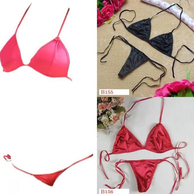 B152 Set Pakaian Dalam Wanita BH Bra Bralette Mini Mikro Halter CD Satin Polos Model Bikini Tali Kar
