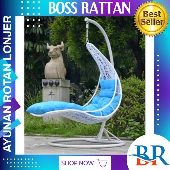 Ayunan Kursi Gantung Rotan Sintetis Model Lonjer Santai Malas Teras