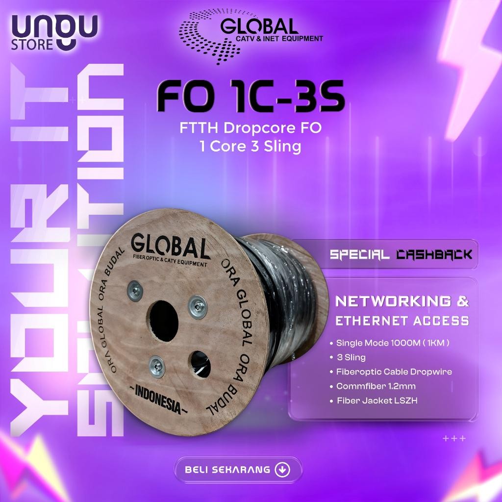 Kabel Fo Global 1 Core Dropcore Ffth Fiber Optic Global Spesial Type 1Core 3 Seling 1,2Mm 1Km Terlar