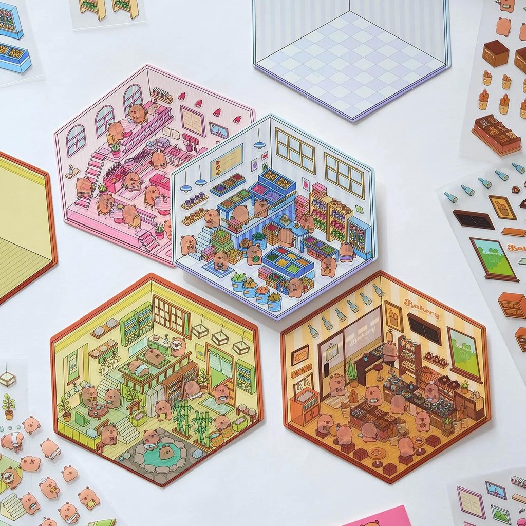 

2Pcs Cartoon Miniature Scene 3D Landscaping Stickers Diy Cabin Scene Stacking And Pasting Hand Account Cute Gift For Kid Child