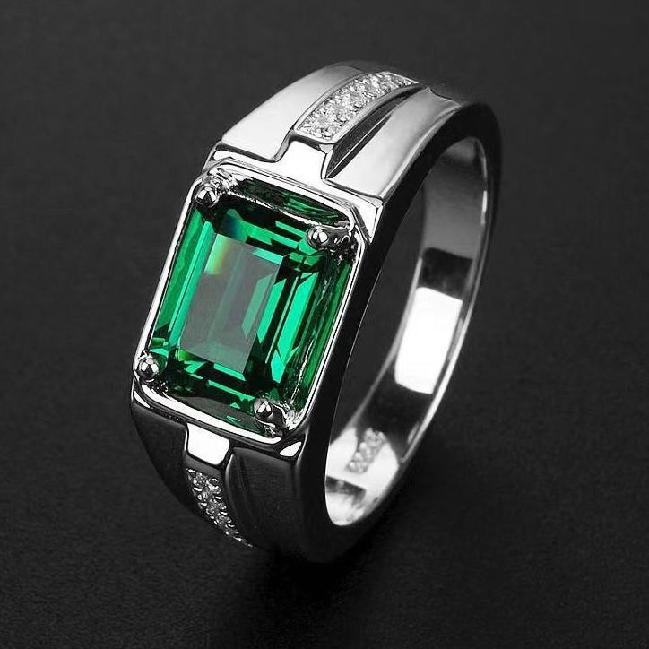 Cincin Emerald Zamrud Zircon / Cincin Silver Batu Hijau Sintetis Simple Casual Pria Wanita / Adjusta