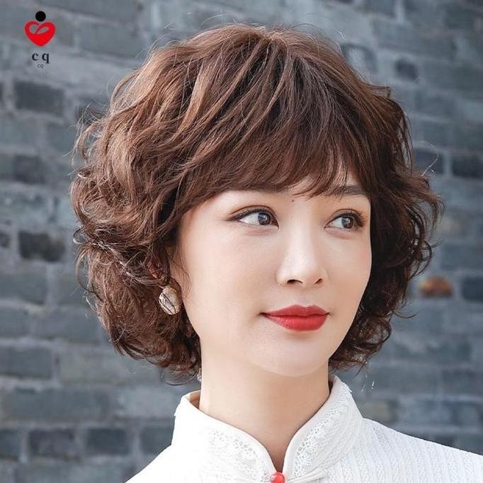 Wig untuk Wanita dengan Rambut Pendek, Ibu, Wanita, Tutup Kepala Penuh, Wig Rambut Keriting Pendek S
