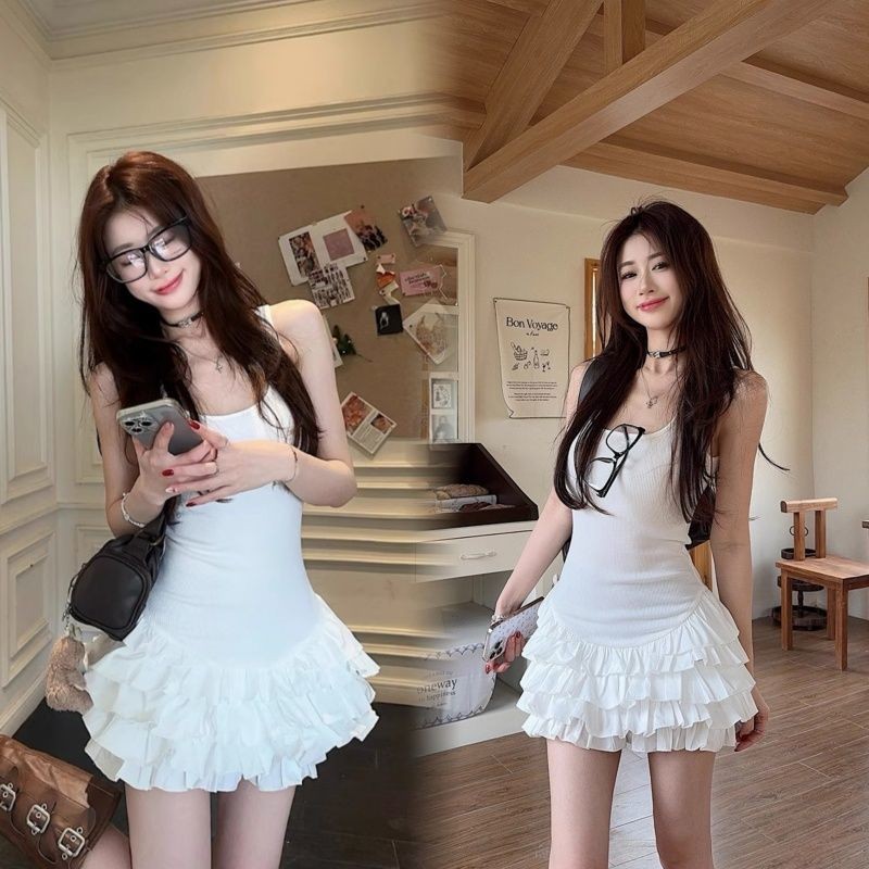 Verve WardrobeGaun suspender rajutan putih pinggang gadis manis panas wanita rok pendek berumbai can
