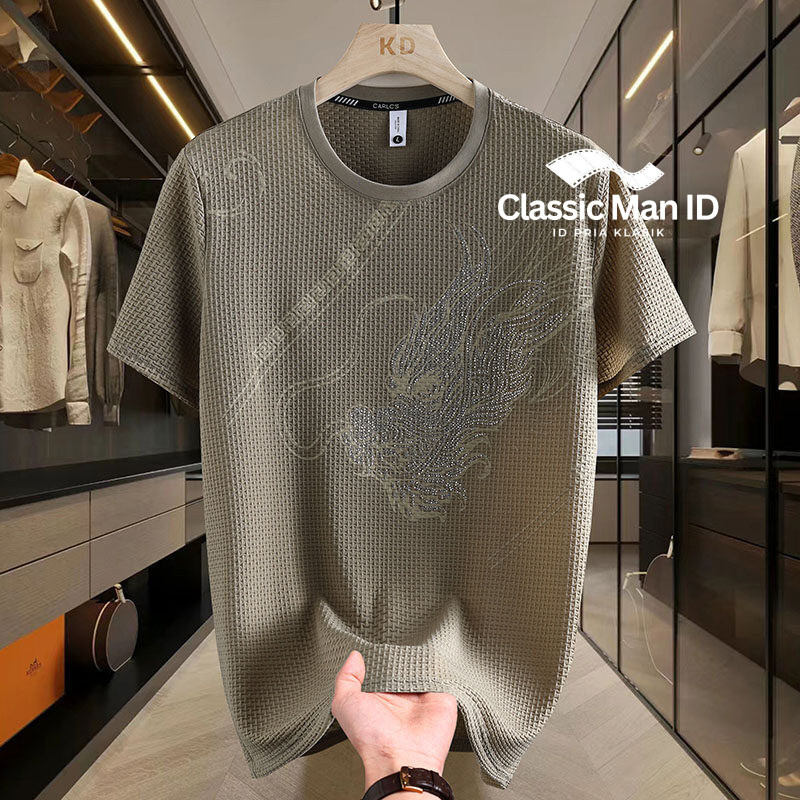 Kemeja Jacquard Kasual Pria Motif Kepala Naga Lengan Pendek Leher Bulat Motif Sutra Es