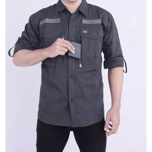 BARU Kemeja Tactical Multi-Pocket Lengan Panjang Pria - Putih - Baju Kemeja Taktikal Outdoor Casual 