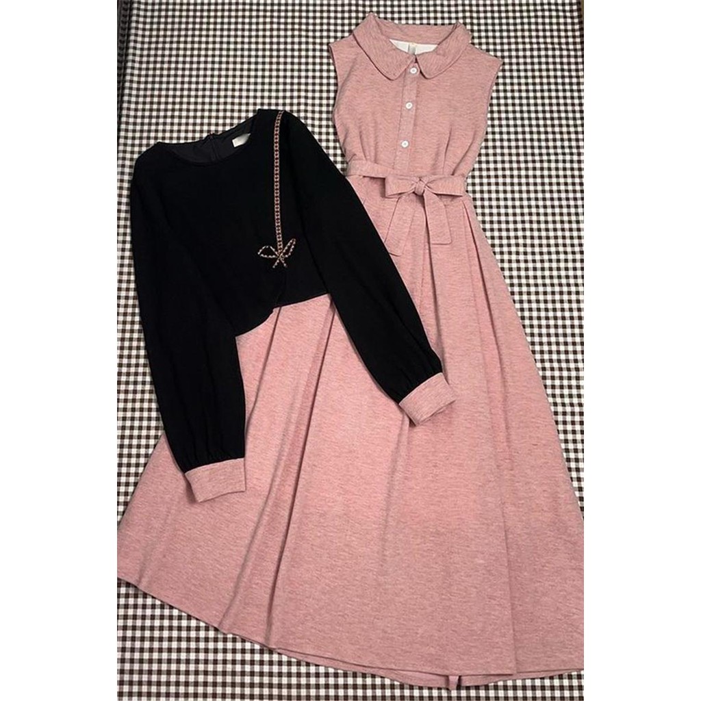 SENYOUMAI Setelan Gaun Tanpa Lengan Warna Pink Temperamen Rok Panjang Kelas Atas