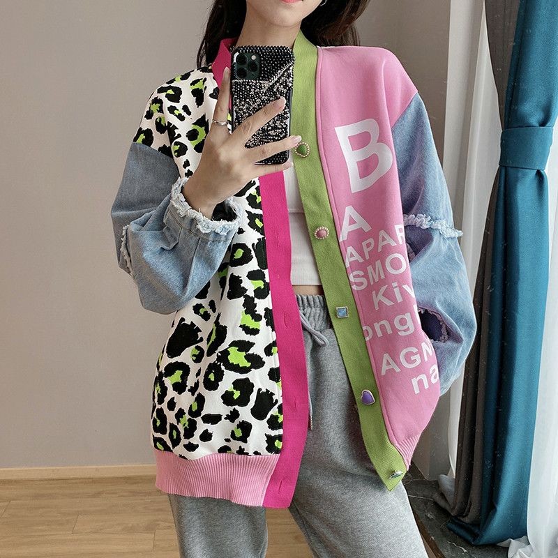 Jaket Cardigan Rajut Motif Macan Tutul Pink Wanita Fashion