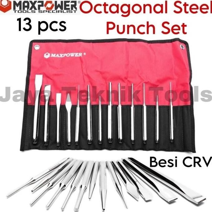 

Octagonal Steel Punch Set Maxpower 13 pcs CRV Besi Ketok Pin Pahat