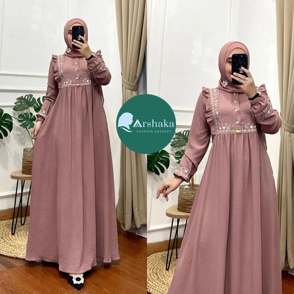 Kz_12 Zalfya Dres Gamis Crinkle Airflow Premium Variasi Bordir Bunga Cantik Eq-77
