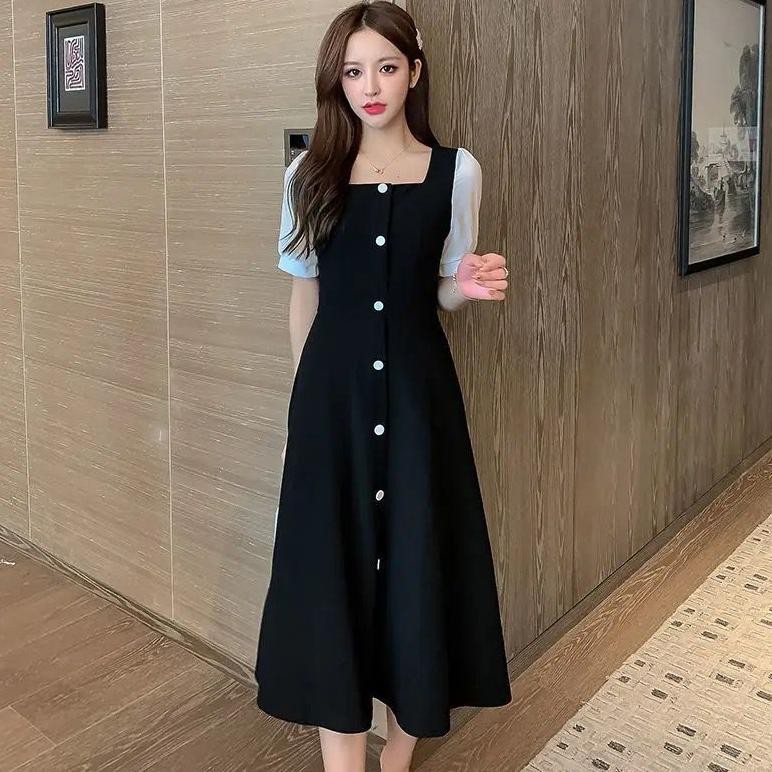 READY Toply shop COD Dres wanita korean style lengan putih kombinas  / Gaun wanita kekinian full kan